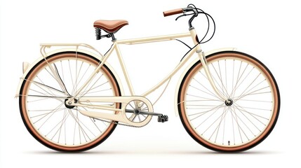 Cream vintage bicycle with brown seat and tires, isolated on white background.