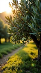 Olive tree in autumn with ripe green olives and golden light, trees, cozy, Mediterranean