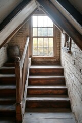 Fototapeta premium Wooden stairs ascend to attic window.