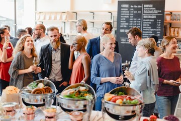 Professional people socializing at a gathering with food and drinks. Diverse crowd enjoying a...