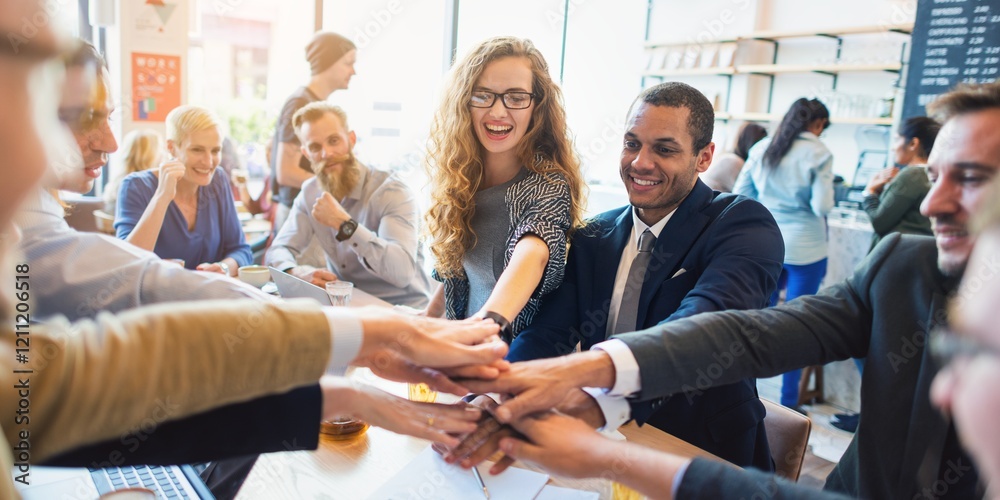 Poster diverse group in a casual meeting, hands in center, teamwork and collaboration. smiling teamwork in 