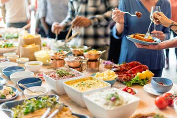 Diverse group enjoys a buffet with dishes like pasta, salads, and seafood. People serve themselves buffet dishes, sharing a communal dining experience. Diverse people enjoy food at buffet table