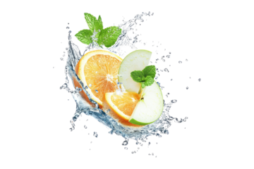 Fresh orange and apple slices with mint leaves in water splash isolated on white or transparent PNG
