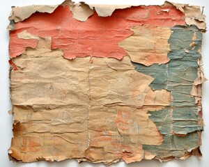 A weathered piece of textured paper with peeling layers showcasing faded colors of red, beige, and green, creating an abstract visual effect.