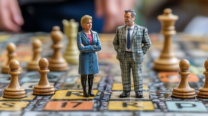 Miniature figures stand on a game board surrounded by chess pieces, depicting a strategic scene of competition and negotiation.
