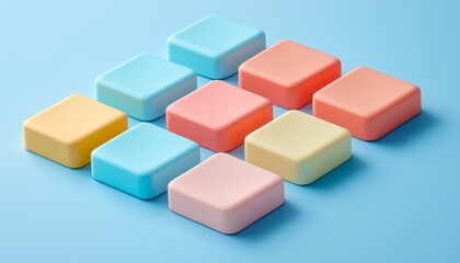 Obraz premium A visually appealing arrangement of colorful soap bars on a light blue background, showcasing a variety of pastel shades.