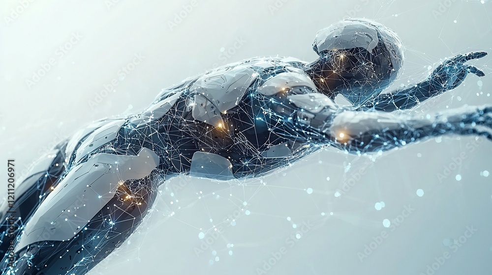 Poster futuristic android robot floats, digital network.