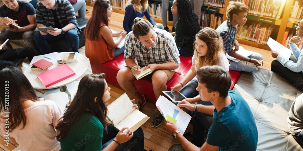 Aufkleber diverse group of students study in library, read books, group discussion. diverse group of students 