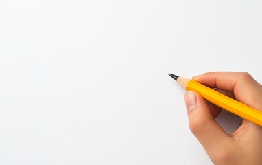 A hand holds a yellow pencil poised above a blank white paper, ready to create or write.