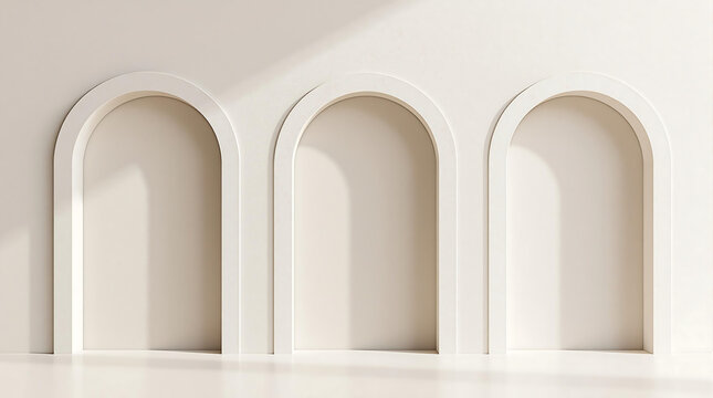 Three white arch niches forming a unified backdrop, 8x8ft. Ideal for photography, events, or as a modern architectural element.

