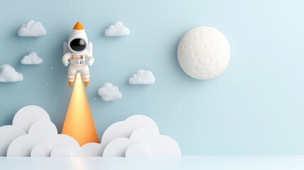 Astronaut flying through clouds on a rocket dreamy space scene colorful cartoon style fantastic atmosphere whimsical perspective for kids