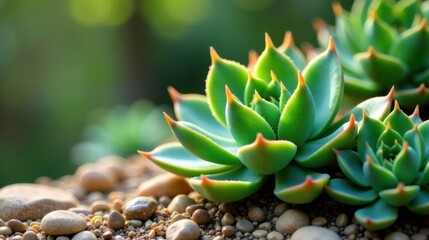 Fototapeta premium A vibrant succulent plant thrives amidst a bed of smooth stones, bathed in soft sunlight