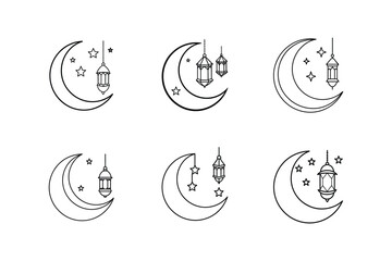 crescent moon with stars and lanterns line art vector illustration