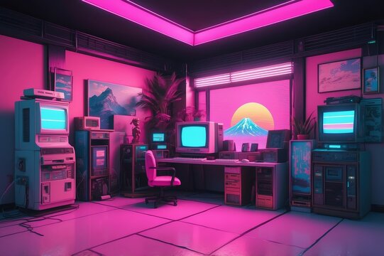 Retro 80s room with computers, neon lights, and plants.