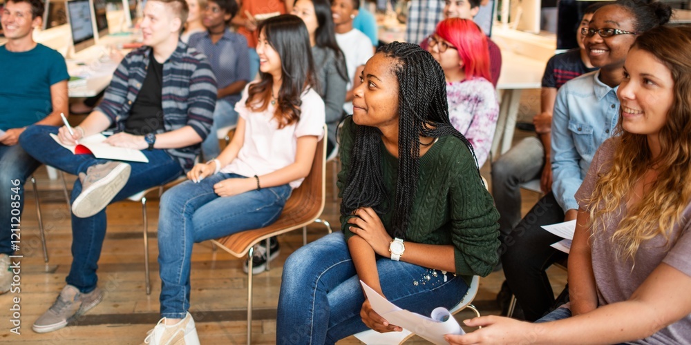 Poster diverse group of people in a classroom setting, smiling and engaged. mixed gender and ethnicity, sho