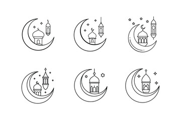 crescent moon with mosque and lights icon line art vector illustration