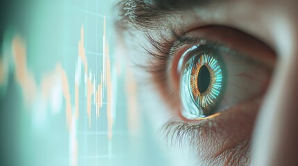 Closeup eye with financial chart overlay, visualizing market trends and analysis