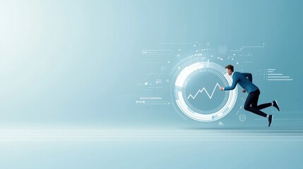 Dynamic businessman sprinting towards success in a digital landscape futuristic imagery minimalist cartoon style corporate environment forward-thinking concept