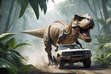 T-Rex chases vintage car through lush jungle.