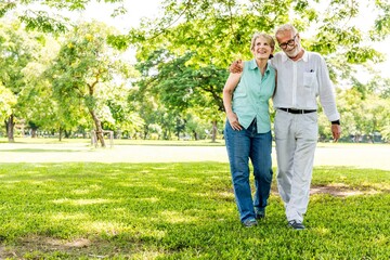 Elderly couple walking in a park, smiling and embracing. The elderly couple enjoys a sunny day,...
