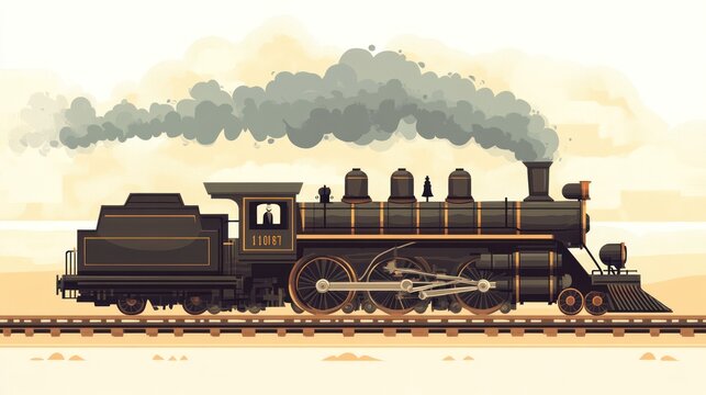 Vintage steam locomotive train on tracks, emitting smoke against a desert landscape.