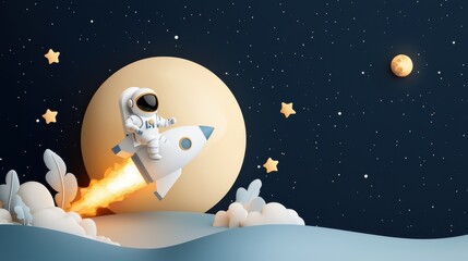 Adventurous astronaut launching into space outer space cartoon style nighttime sky playful perspective exploration and imagination