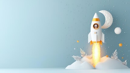 Exciting space launch outer space cartoon style illustration whimsical environment aerial view adventure concept for all ages