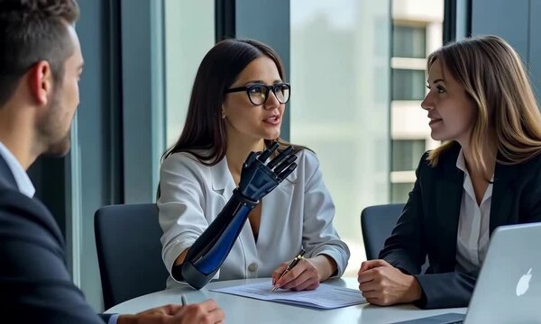 A female office worker with a prosthetic arm and male employee are having a meeting in a conference room. 