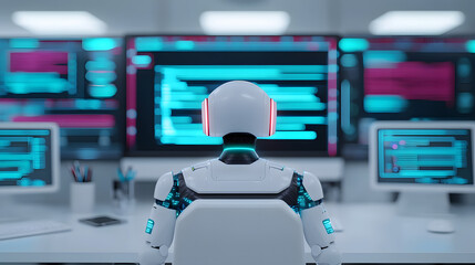 Ai robot analyzing code in modern office environment high-tech workspace futuristic viewpoint