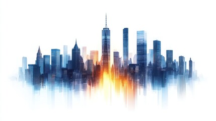 Obraz premium Dramatic stylized cityscape skyline at sunrise.