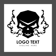 A stylized black skull with sharp features and an aggressive expression, surrounded by swirling smoke-like designs