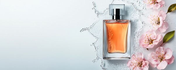 A elegant perfume bottle surrounded by delicate flowers and splashes of water, evoking a sense of freshness and luxury.