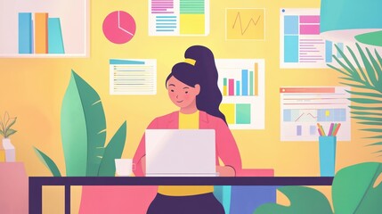 Woman Working on Laptop in Modern Office Surrounded by Plants and Charts with warm colors