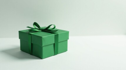 Obraz premium A single, elegantly wrapped green present box with a satin ribbon, ready for gifting on a bright surface