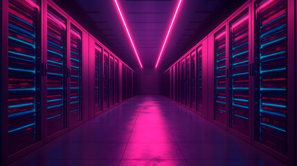 Data center operations high-tech facility digital infrastructure neon lighting perspective view cybersecurity concepts
