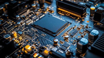 Close-up of a Circuit Board's intricate design showcasing technological advancement in electronics.