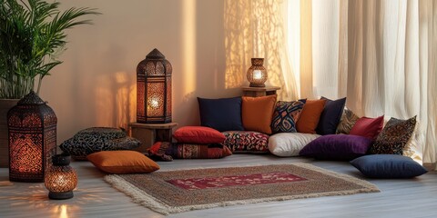 Ramadan-themed living room decor with cushions, lanterns, and a prayer corner, styled warmly