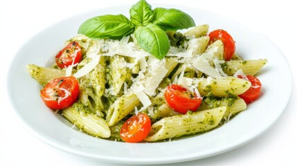 A plate of creamy pesto pasta with penne, fresh basil pesto, cherry tomatoes