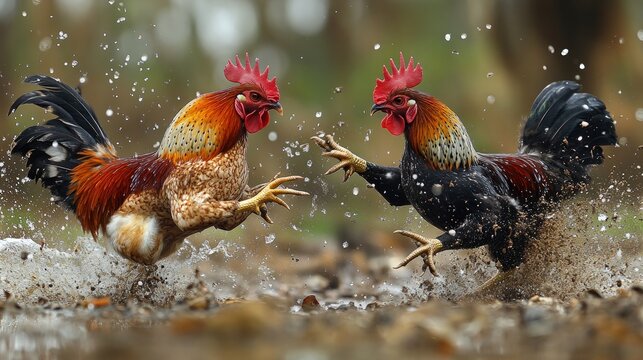 Two roosters splashing, fierce fight.