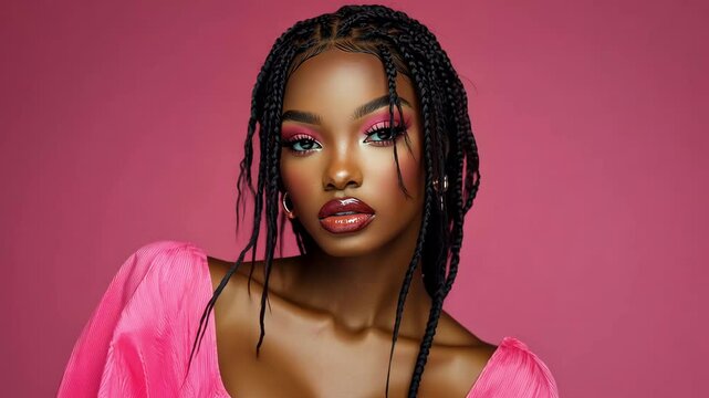 A lovely young black woman with braids and pink clothing on a pink background