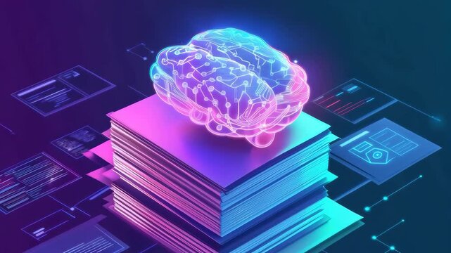 Glowing neon brain hovers above digital books in futuristic ai technology concept - Powered by Adobe