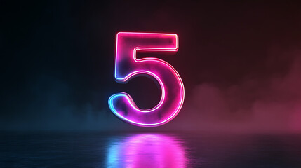 number 5 floating in space with sharp edges, illuminated by contrasting neon colors, set against a dark background with soft gradients