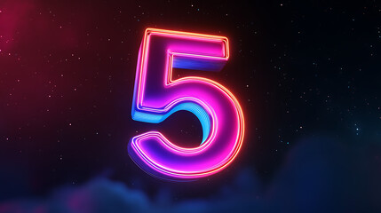 number 5 floating in space with sharp edges, illuminated by contrasting neon colors, set against a dark background with soft gradients
