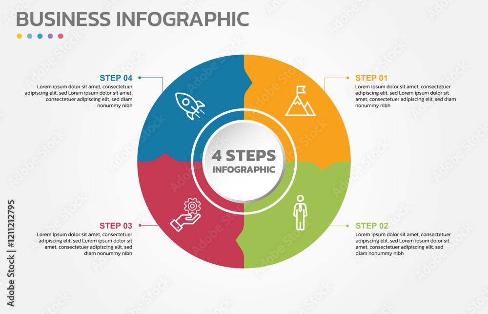 Poster Visual data presentation. Cycle diagram with 4 options. Pie Chart Circle infographic template with 4 steps, options, parts, segments. Business concept. Editable pie chart with sectors.