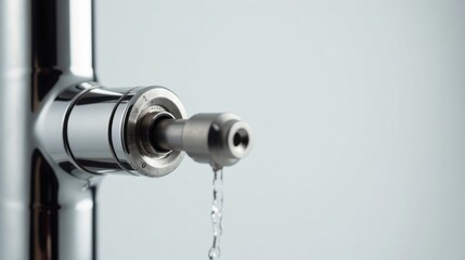 Close-up of a sleek, chrome-plated valve with a precisely engineered mechanism, exhibiting a subtle drip of liquid, suggesting precise control and high-quality craftsmanship
