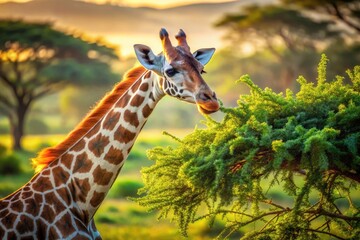 Obraz premium Majestic Giraffe, High-DOF, African Savanna, Green Leaves, Wildlife Photography, Nature Scene, Animal Portrait