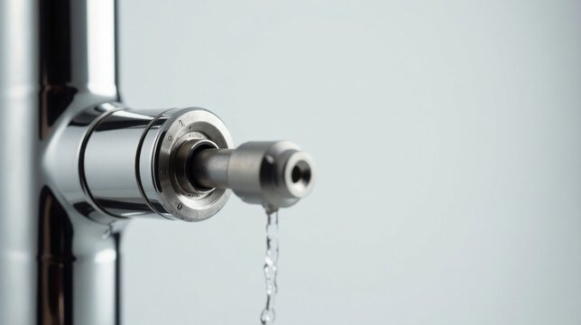 Close-up of a sleek, chrome-plated valve with a precisely engineered mechanism, exhibiting a subtle drip of liquid, suggesting precise control and high-quality craftsmanship