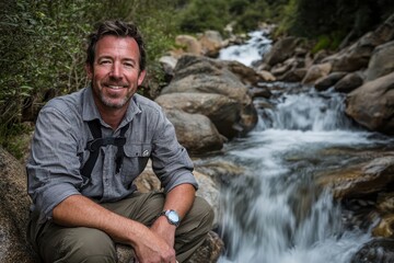 Portrait of a Smiling Male Adventurer Sitting on a Rock Beside a Serene Stream in a Natural Landscape Surrounded by Lush Greenery and Cascading Waterfalls