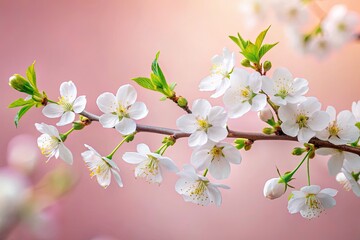 Obraz premium Minimalist Cherry Blossom Photography: Pastel Pink Background, White Flowers, Spring Bloom