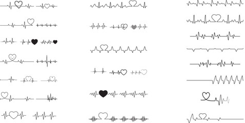 Red heartbeat line collection with heart symbol, cardiology, medical pulse, ECG, EKG design, healthcare clipart vector 